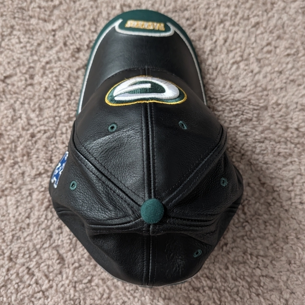 NFL Reebok Throwback Green Bay Packers Leather Black Green Strap Back Hat Cap OS - Picture 6 of 11